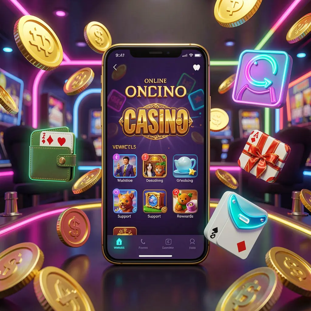 KP111 online casino app features displayed on a smartphone surrounded by icons for wallet, games, support, and rewards with golden coins and neon lights in a luxury 3D render