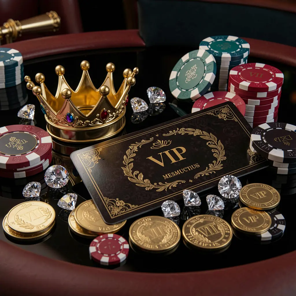 KP111 VIP casino bonus concept featuring a golden crown, luxury membership card, poker chips, diamonds, and coins arranged on a glossy black table in an elegant premium style