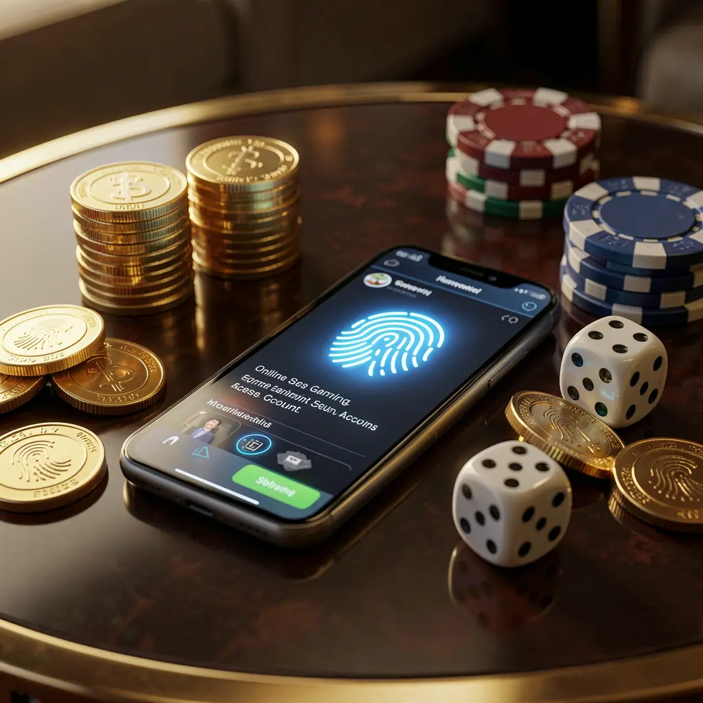 KP111 online gaming account access scene showing a smartphone with a glowing fingerprint icon surrounded by golden coins, dice, and poker chips on a glossy table with cinematic lighting