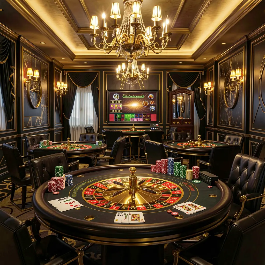 KP111 luxury online casino lobby with glowing roulette tables, golden lights, poker chips and cards in a premium black and gold design